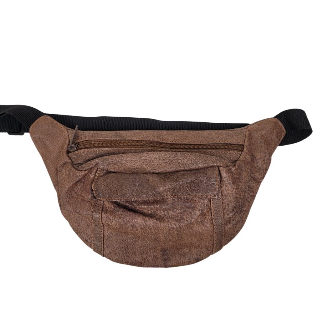 Small Vintage Leather Zippered Waist Bag/Hip Bag Nylon Strap w/Buckle Closure